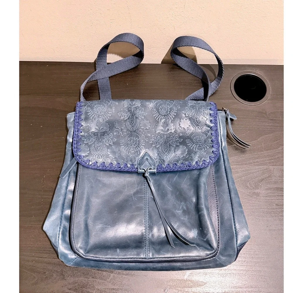 The Sak Ventura Slate Blue Leather Embossed Floral Convertible Backpack Bag